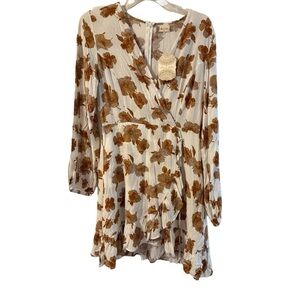 NWT Altar'd State Dress Women's Large Faux Wrap Long Sleeve Floral Ruffle Rayon